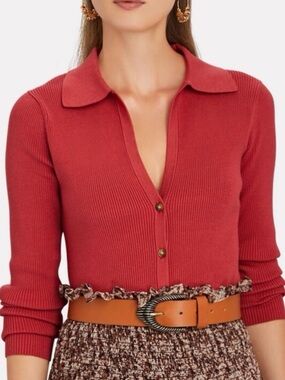 Intermix Audrey Rib Knit Polo Top Sz Small Pink Red Sweater Button Down Cardigan